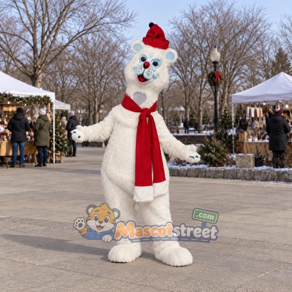 Polar Bear Mascot Costume with Red Scarf and Santa Hat