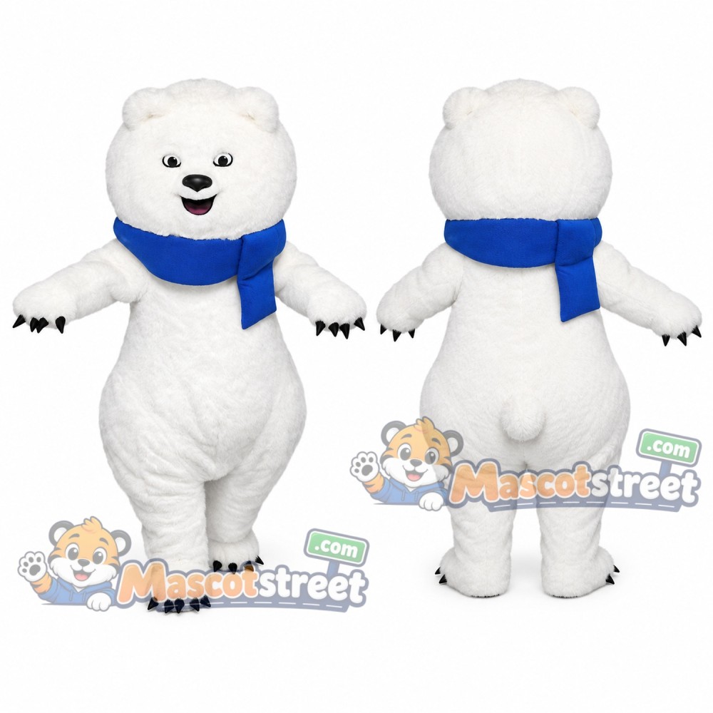 Polar Bear Mascot Costume with Blue Scarf