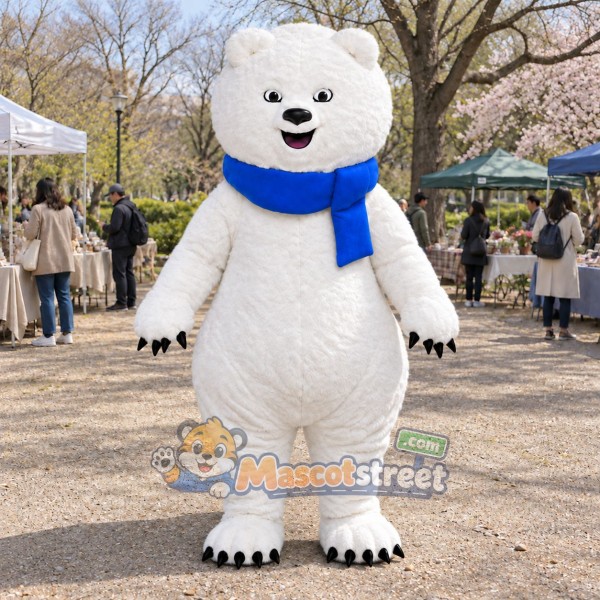 Polar Bear Mascot Costume with Blue Scarf