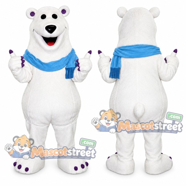 Polar Bear Mascot Costume with Blue Scarf