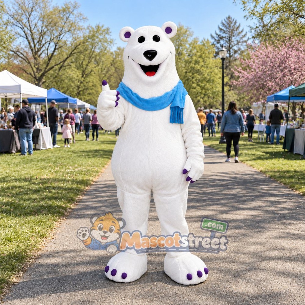 Polar Bear Mascot Costume with Blue Scarf Polar Bear Mascot Costume with Blue Scarf