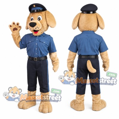 Tan Dog Police Officer Mascot Costume with Blue Uniform and Cap Tan Dog Police Officer Mascot Costume with Blue Uniform and Cap