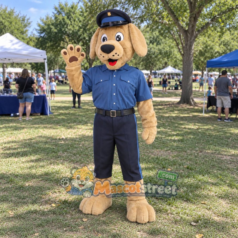Tan Dog Police Officer Mascot Costume with Blue Uniform and Cap Tan Dog Police Officer Mascot Costume with Blue Uniform and Cap