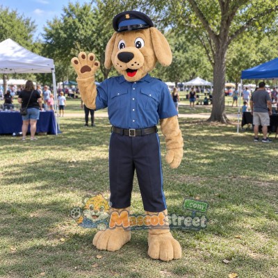 Tan Dog Police Officer Mascot Costume with Blue Uniform and Cap Tan Dog Police Officer Mascot Costume with Blue Uniform and Cap