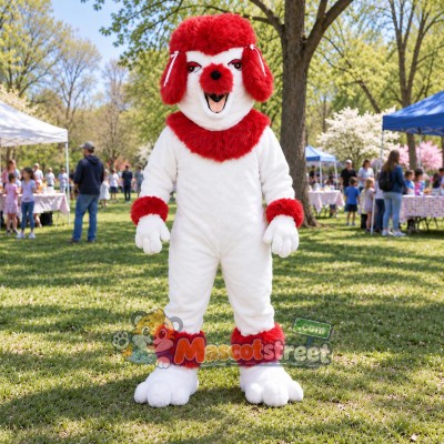 Red and White Poodle Mascot Costume Red and White Poodle Mascot Costume