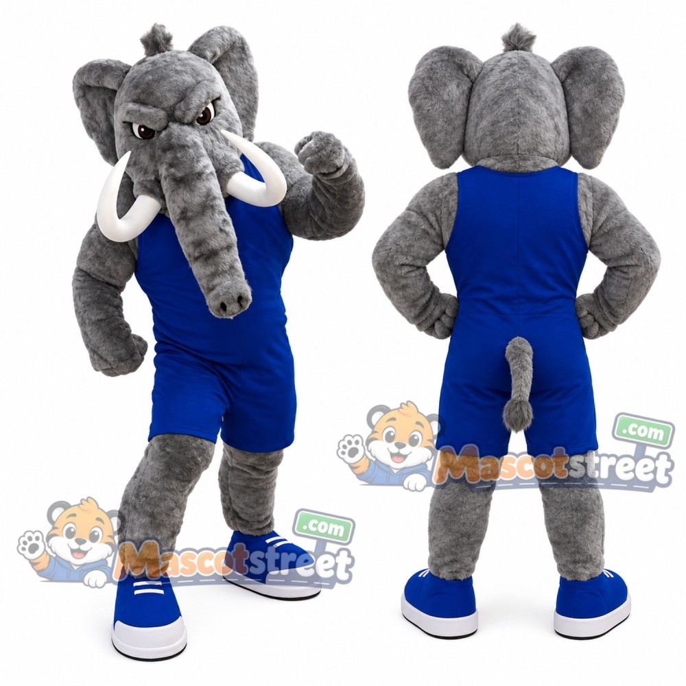 Gray Mammoth Mascot Costume with Blue Sports Uniform Gray Mammoth Mascot Costume with Blue Sports Uniform