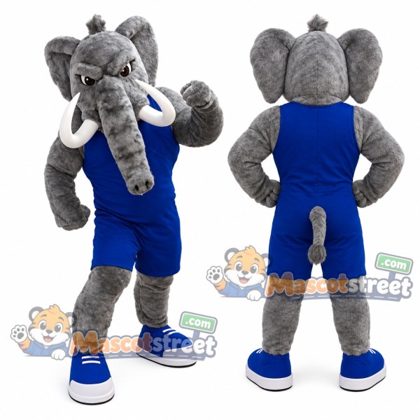 Gray Mammoth Mascot Costume with Blue Sports Uniform