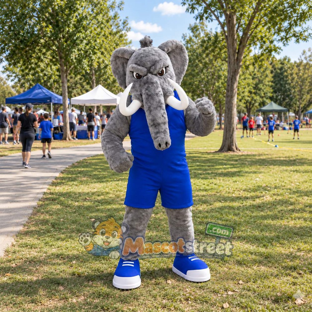 Gray Mammoth Mascot Costume with Blue Sports Uniform