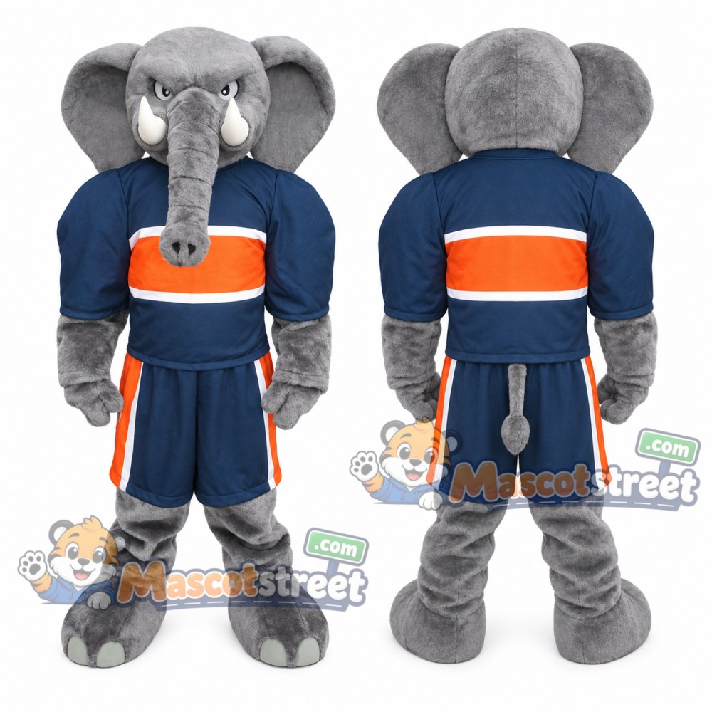 Gray Elephant Mascot Costume with Navy Sports Uniform Gray Elephant Mascot Costume with Navy Sports Uniform