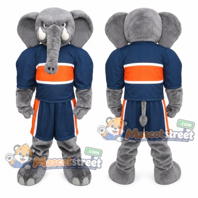 Gray Elephant Mascot Costume with Navy Sports Uniform Gray Elephant Mascot Costume with Navy Sports Uniform