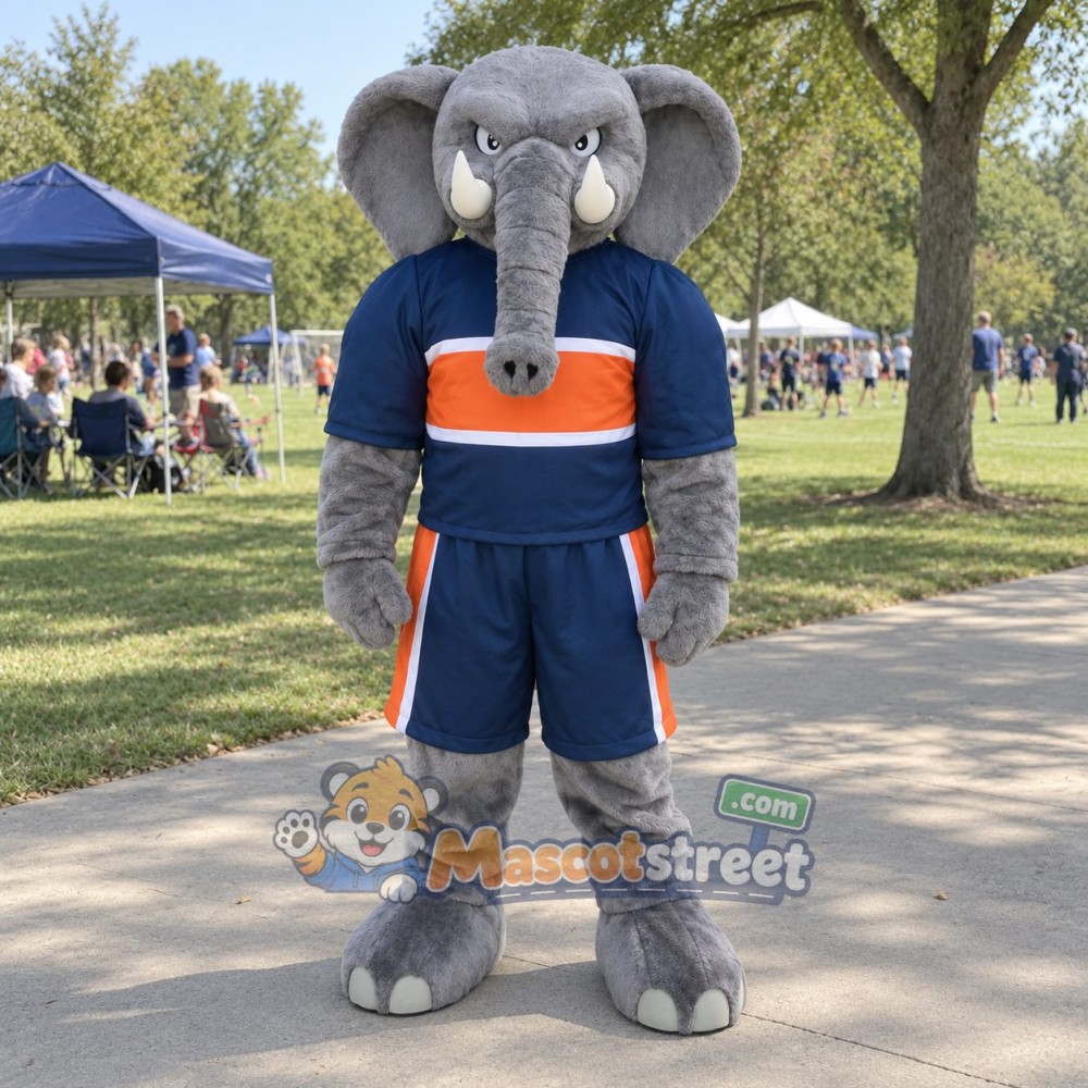 Gray Elephant Mascot Costume with Navy Sports Uniform