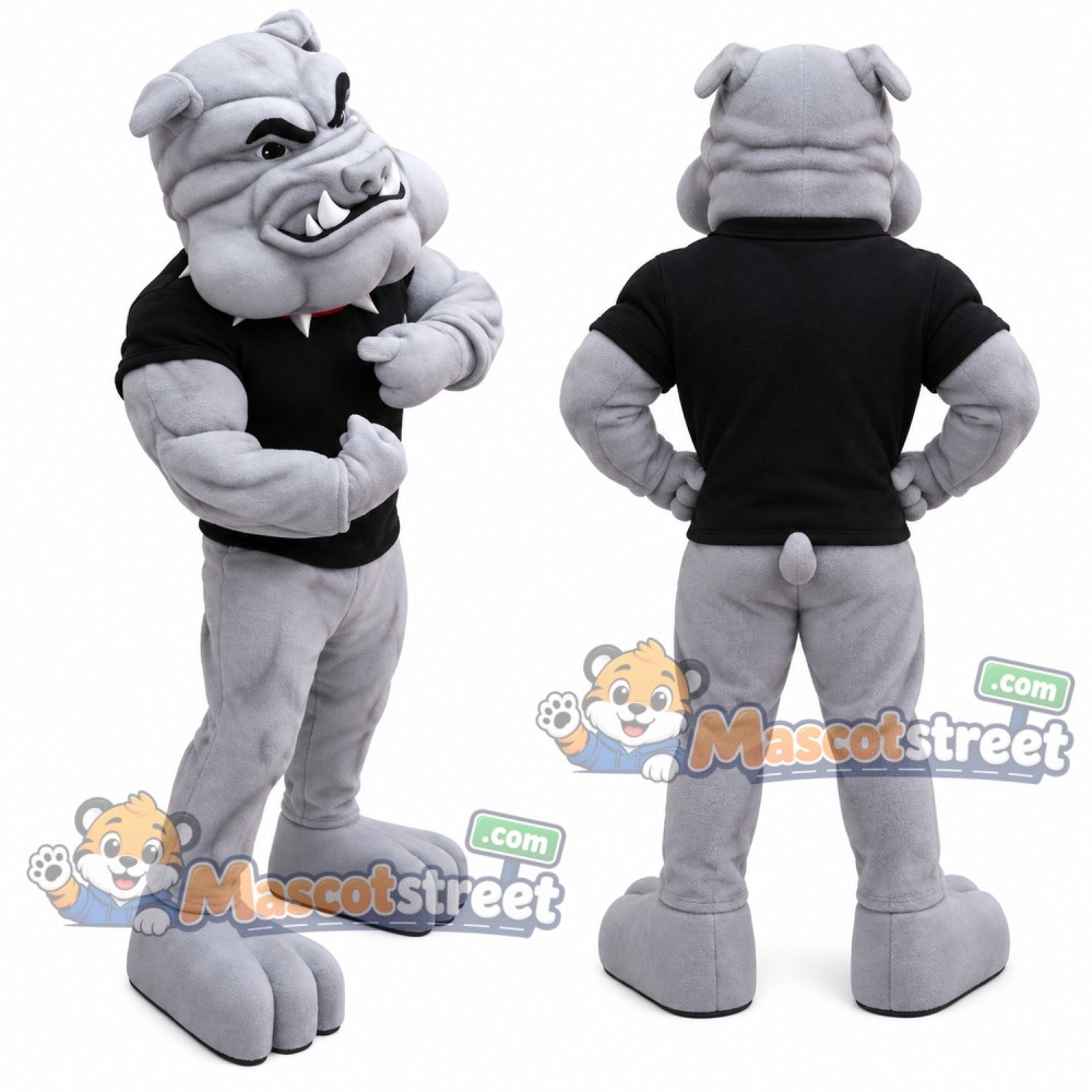 Gray Bulldog Mascot Costume with Black Shirt Gray Bulldog Mascot Costume with Black Shirt