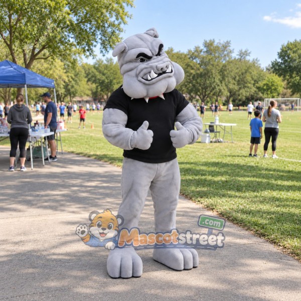 Gray Bulldog Mascot Costume with Black Shirt