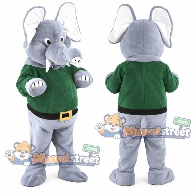 Gray Elephant Mascot Costume with Green Shirt and Belt Gray Elephant Mascot Costume with Green Shirt and Belt