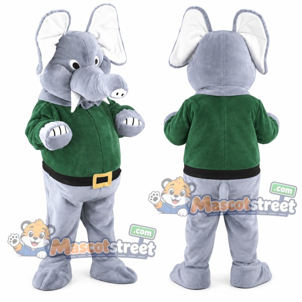 Gray Elephant Mascot Costume with Green Shirt and Belt