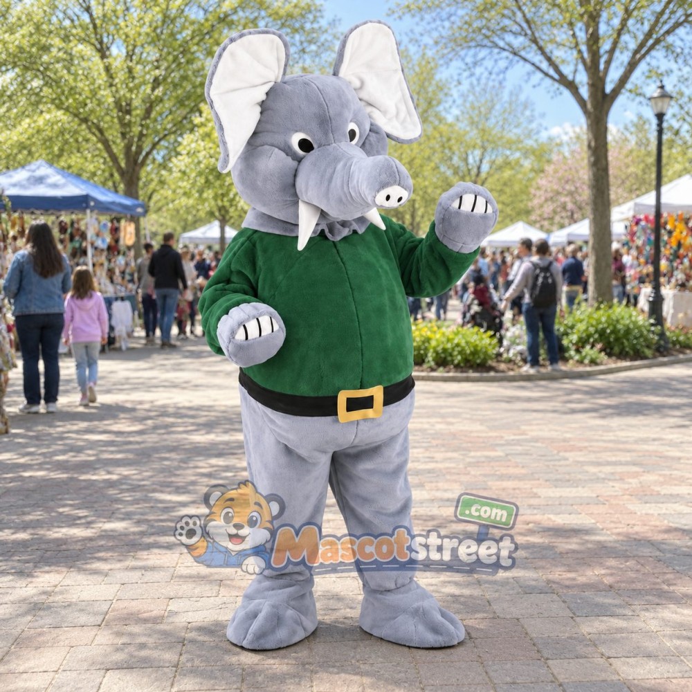 Gray Elephant Mascot Costume with Green Shirt and Belt Gray Elephant Mascot Costume with Green Shirt and Belt