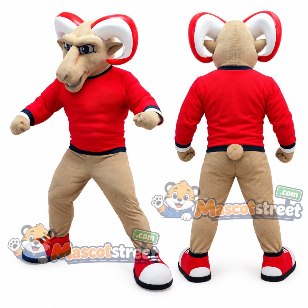 Tan Ram Mascot Costume with Red Shirt