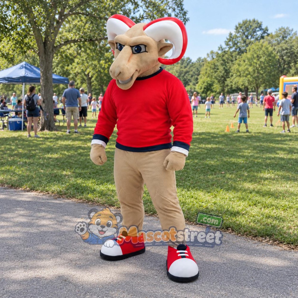 Tan Ram Mascot Costume with Red Shirt Tan Ram Mascot Costume with Red Shirt