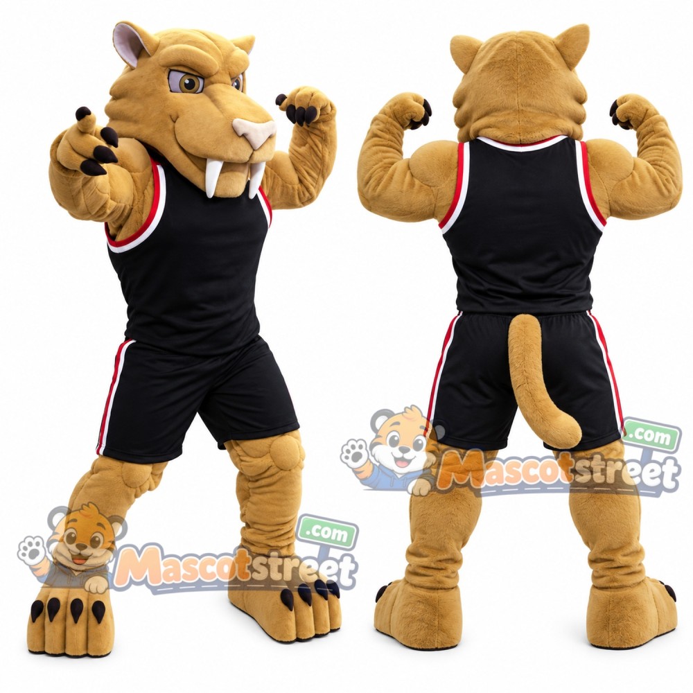 Tan Sabertooth Tiger Mascot Costume with Black Sports Uniform