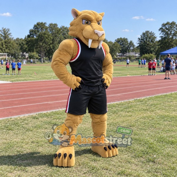 Tan Sabertooth Tiger Mascot Costume with Black Sports Uniform