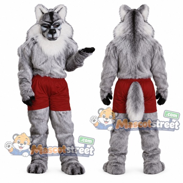 Gray Husky Mascot Costume with Red Shorts