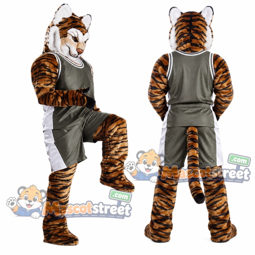 Orange Tiger Mascot Costume with Gray Sports Uniform