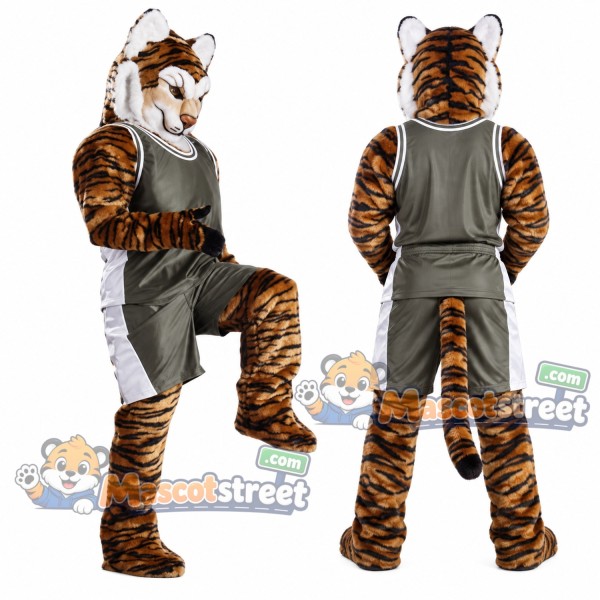 Orange Tiger Mascot Costume with Gray Sports Uniform