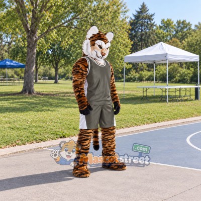 Orange Tiger Mascot Costume with Gray Sports Uniform