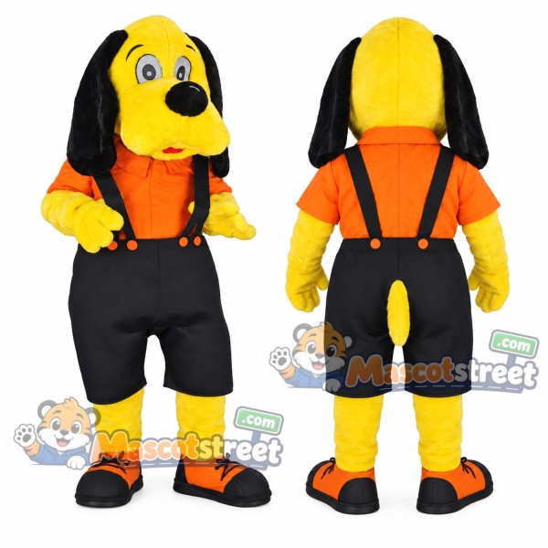 Yellow Dog Mascot Costume with Orange Shirt and Black Overalls
