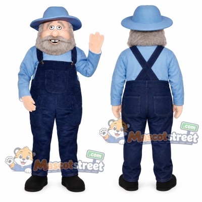 Prospector Mascot Costume with Blue Shirt and Navy Overalls Prospector Mascot Costume with Blue Shirt and Navy Overalls