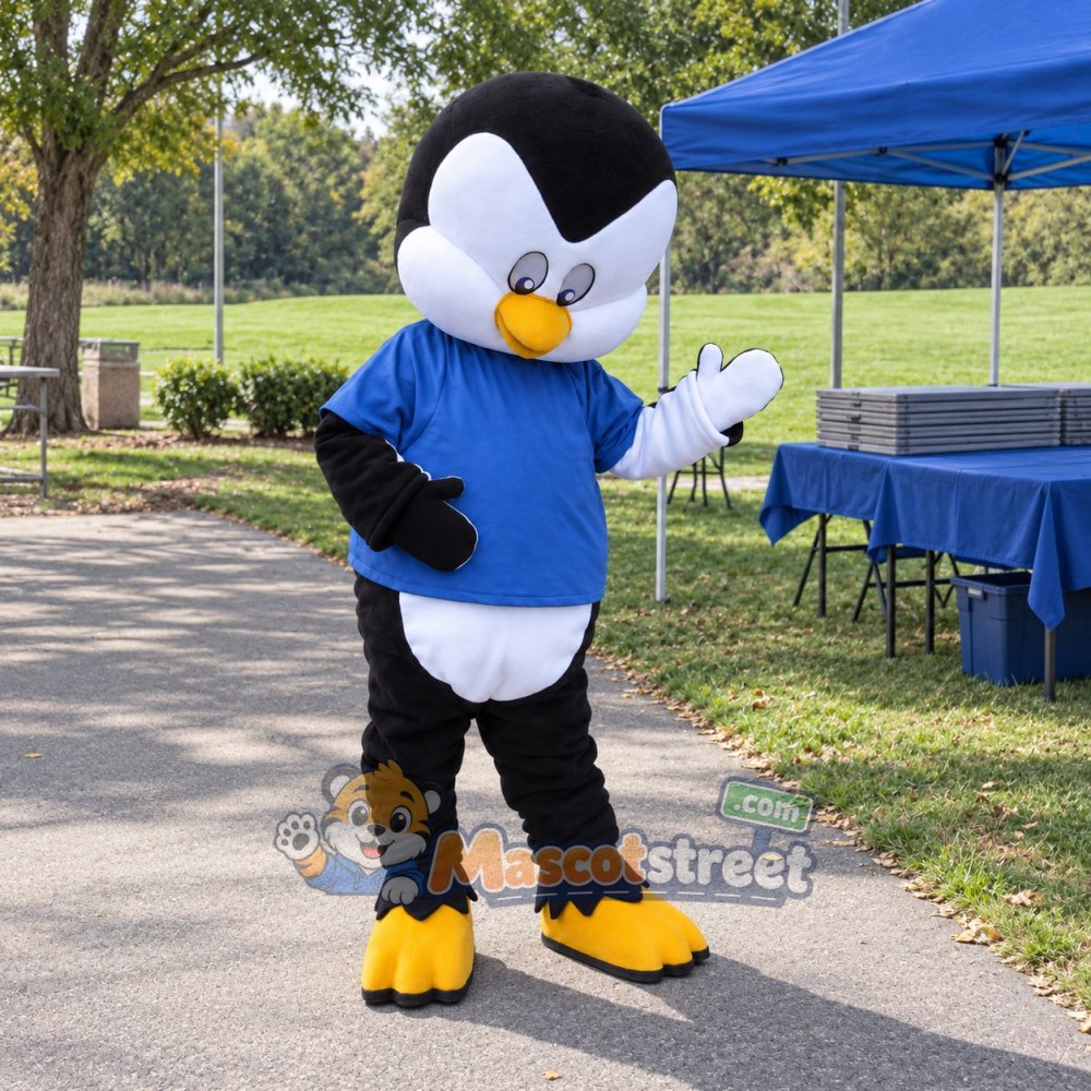 Penguin Mascot Costume with Blue Shirt