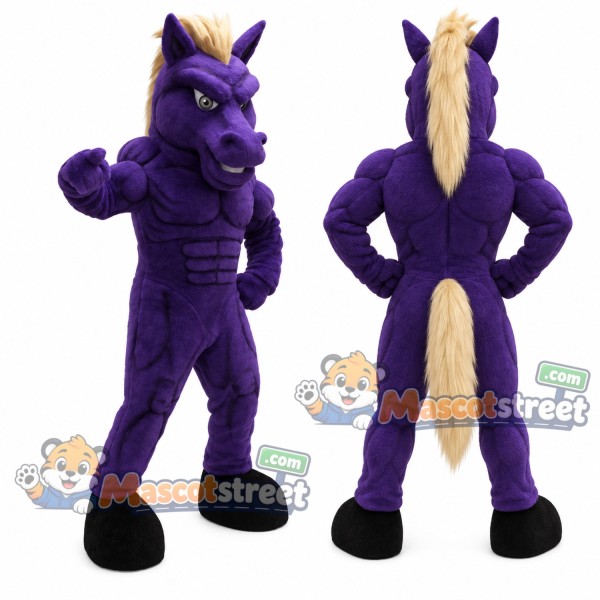 Purple Horse Mascot Costume with Blond Mane