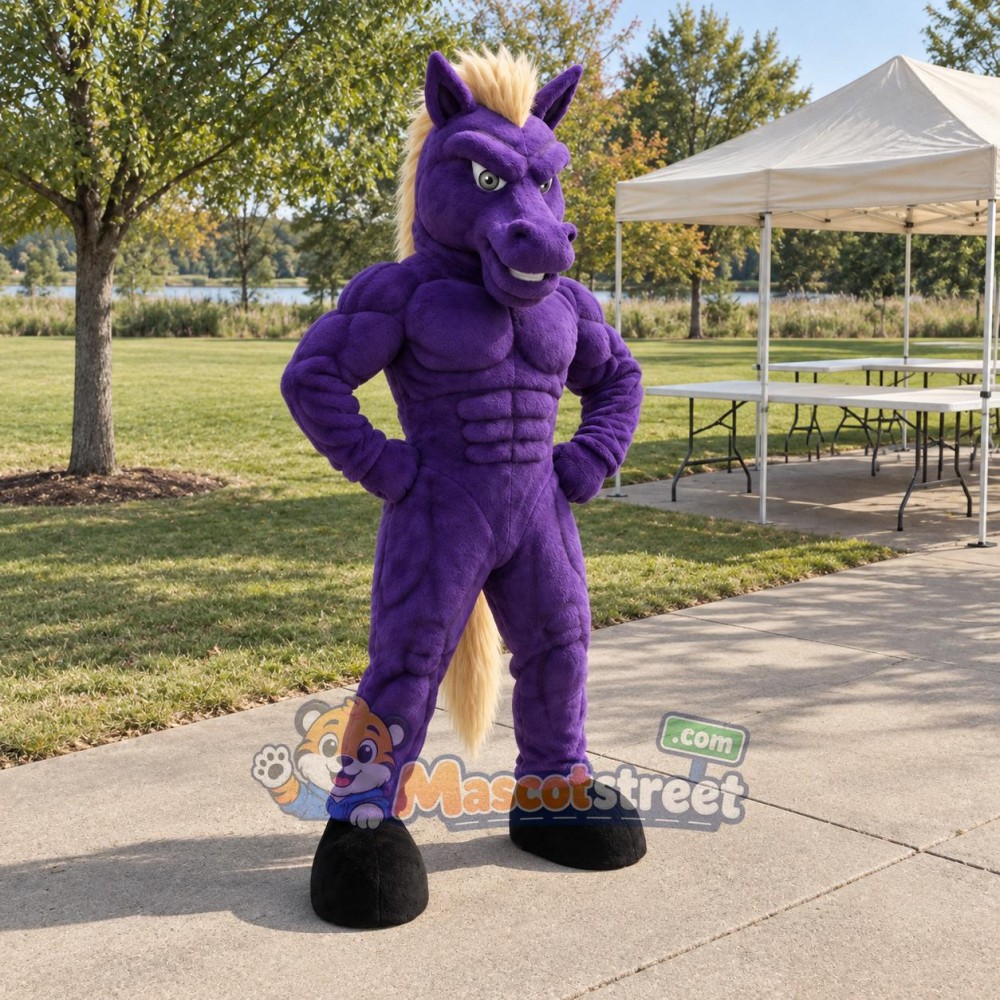 Purple Horse Mascot Costume with Blond Mane Purple Horse Mascot Costume with Blond Mane