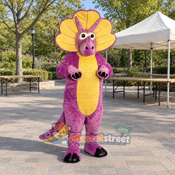 Purple Triceratops Mascot Costume with Yellow Frill
