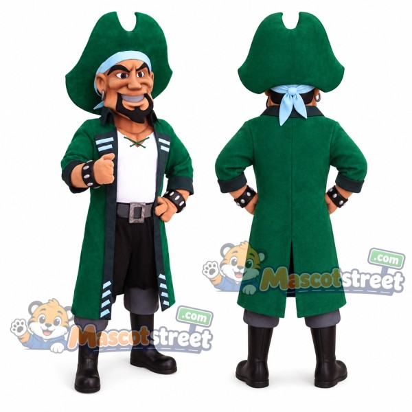 Pirate Captain Mascot Costume with Green Coat and Tricorn Hat