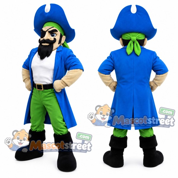 Pirate Captain Mascot Costume with Blue Coat and Green Sash
