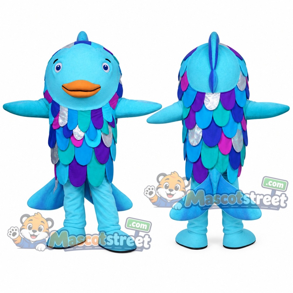 Blue Rainbow Fish Mascot Costume with Multicolor Scales Blue Rainbow Fish Mascot Costume with Multicolor Scales