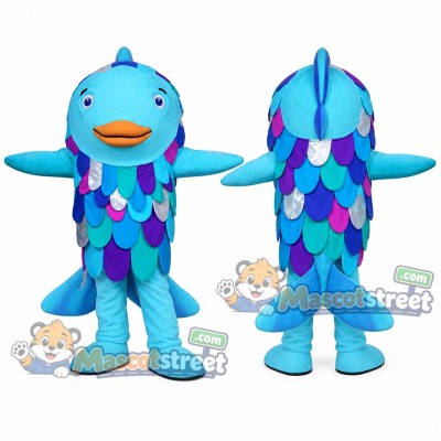 Blue Rainbow Fish Mascot Costume with Multicolor Scales Blue Rainbow Fish Mascot Costume with Multicolor Scales