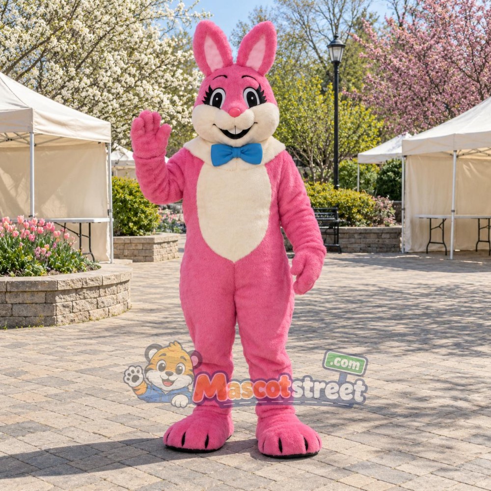Pink Rabbit Mascot Costume with Blue Bow Tie