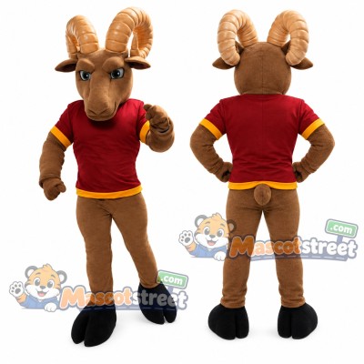 Brown Ram Mascot Costume with Burgundy Shirt