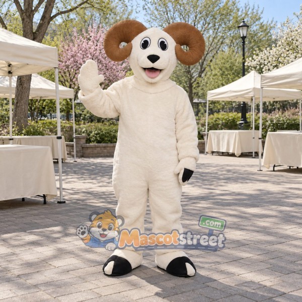 White Ram Mascot Costume with Tan Horns