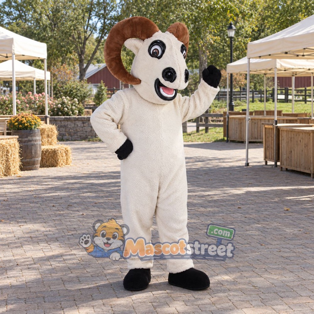 White Ram Mascot Costume with Brown Horns White Ram Mascot Costume with Brown Horns