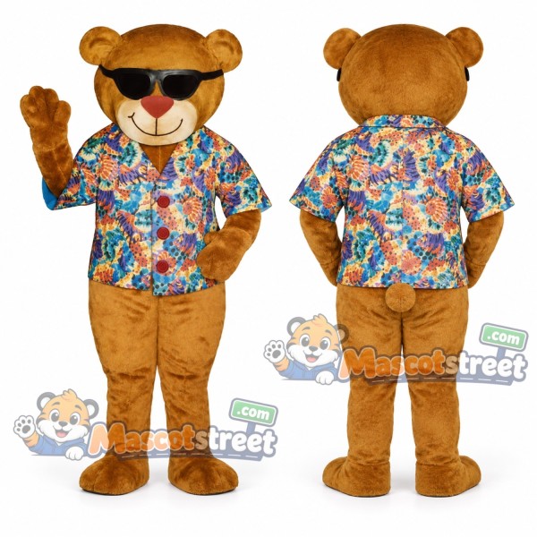 Brown Bear Mascot Costume with Floral Shirt and Sunglasses