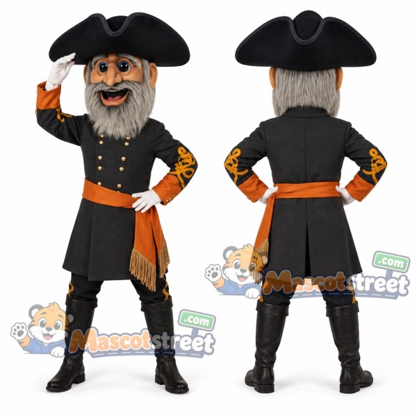 Bearded Pirate Mascot Costume with Black Coat and Tricorn Hat
