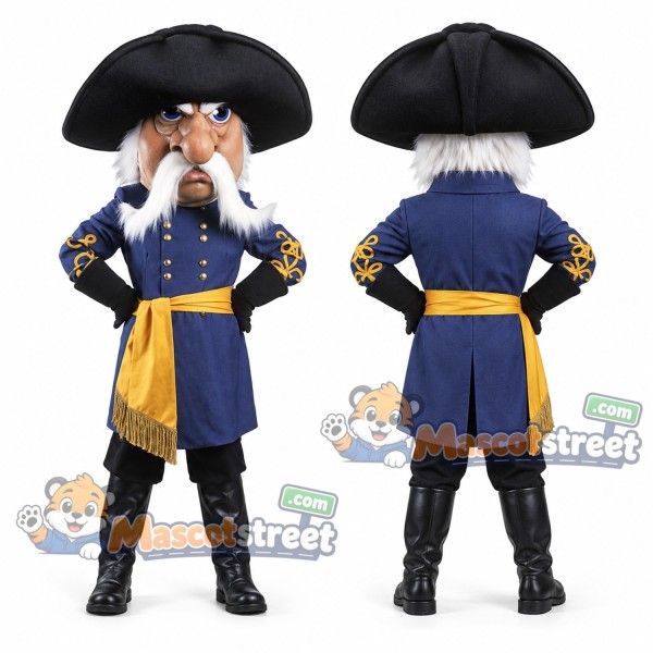 White-Bearded Pirate Mascot Costume with Navy Coat and Tricorn Hat