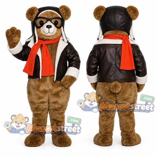 Brown Aviator Bear Mascot Costume with Black Jacket and Red Scarf