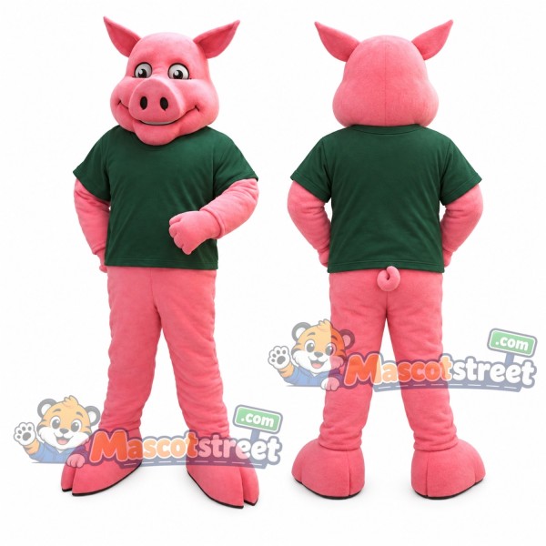 Pink Pig Mascot Costume with Green Shirt