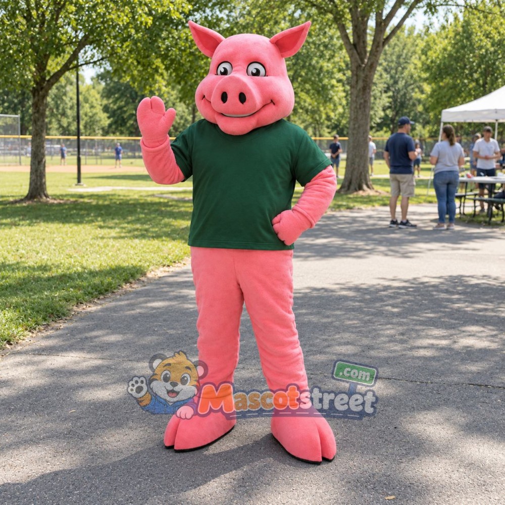 Pink Pig Mascot Costume with Green Shirt Pink Pig Mascot Costume with Green Shirt