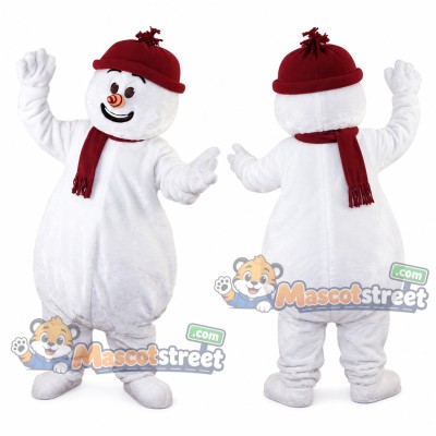 Snowman Mascot Costume with Burgundy Hat and Scarf