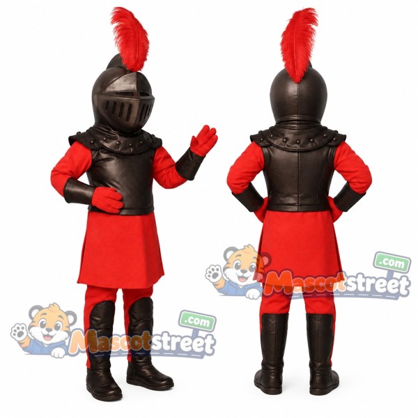 Knight Mascot Costume with Black Armor and Red Tunic